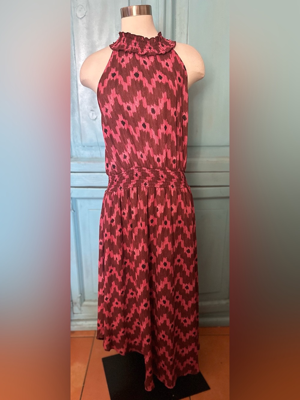 Halter Maxi Dress in Pink and Brown with Smocked Waist